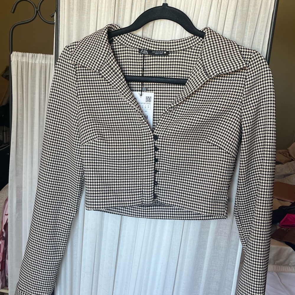 NWT Zara Cropped Houndstooth collared button up blazer